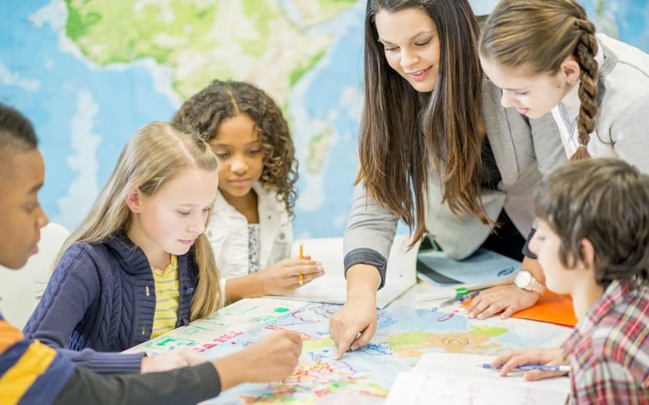 Large printed map for small-group learning in a classroom