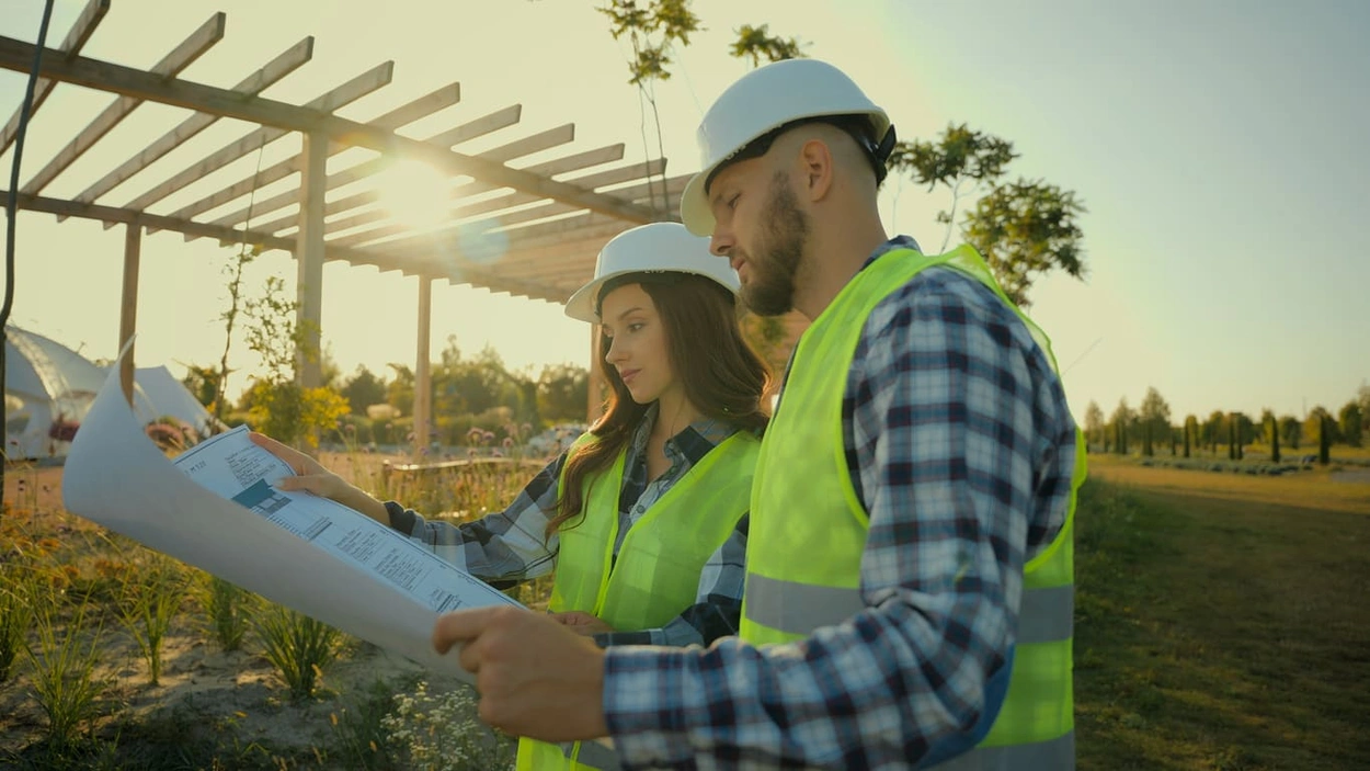 Construction team using printed blueprints for site planning and landscape architecture projects Construction team using printed blueprints for site planning and landscape architecture projects