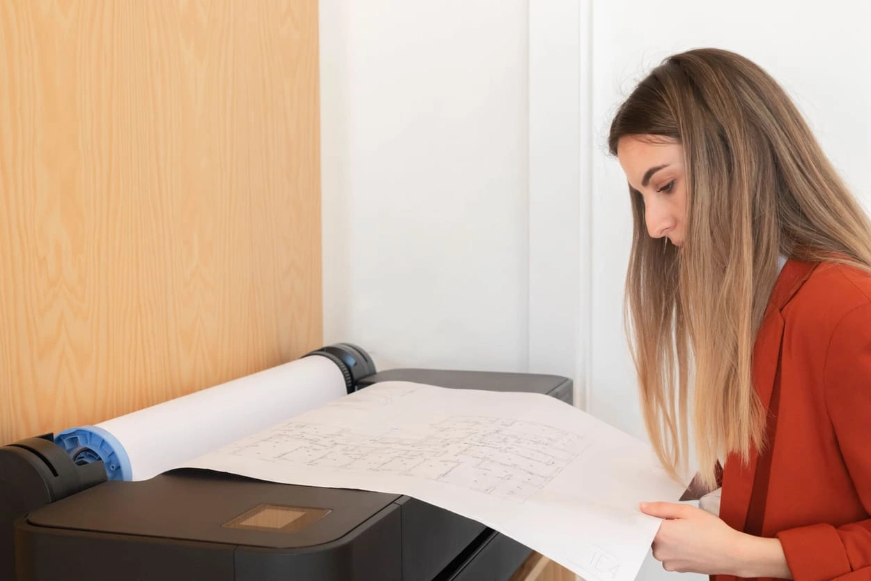 Employee looking at blueprints printing from a roll of plotter paper