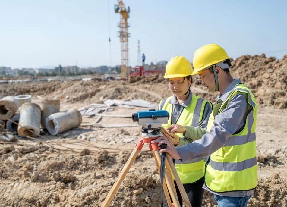 Construction team surveying the area with digital reading tools to gather data for raster or vector GIS map creation Construction team surveying the area with digital reading tools to gather data for raster or vector GIS map creation