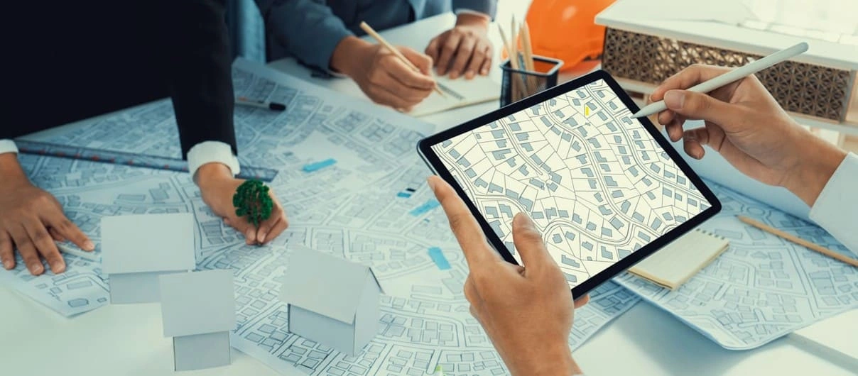Team using printouts after learning how to print site context diagram products with precise detail