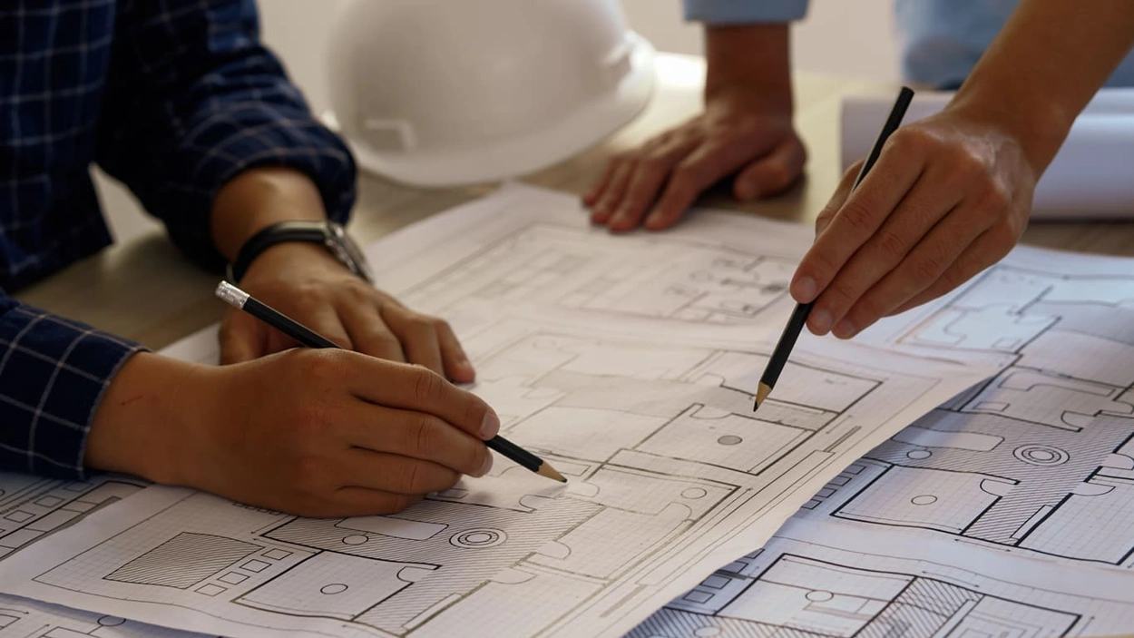 AEC coworkers checking building details on as-built drawings AEC coworkers checking building details on as-built drawings