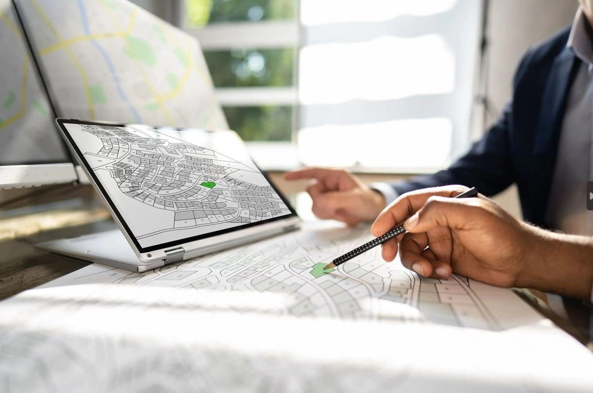 Professional analyzing spatial data in GIS with a prinout and tablet