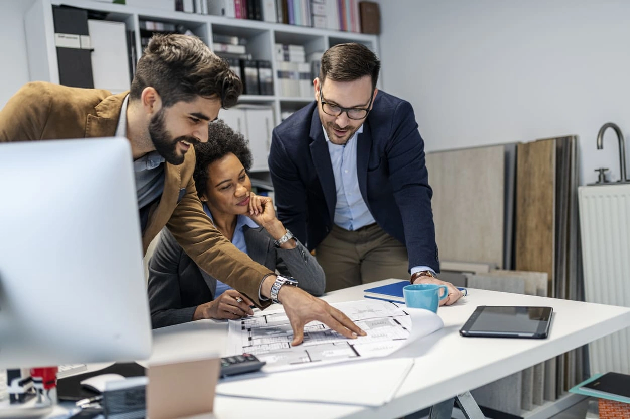 Co-founders brainstorming new architecture business ideas Co-founders brainstorming new architecture business ideas