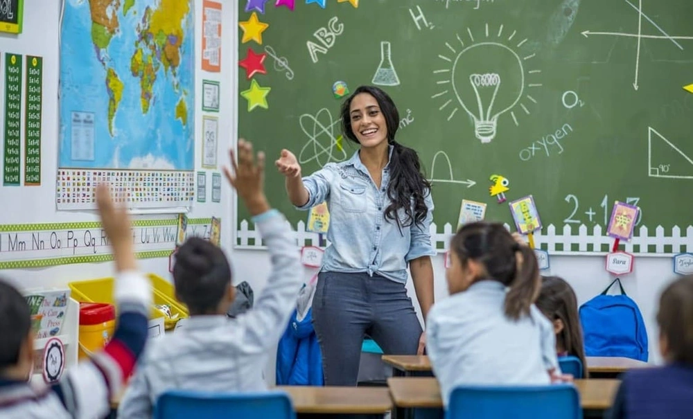 Classroom with a vibrant map made on a large format poster printer