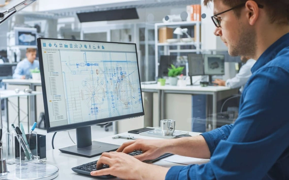 Engineer using CAD drawing management software Engineer using CAD drawing management software