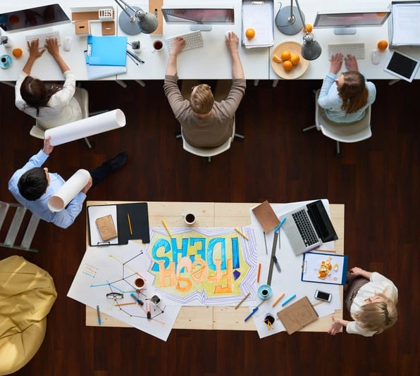 Office with vibrant prints and papers in a wide range of print formats